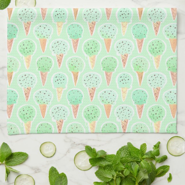 Mint and Chip Ice Cream Cone Pattern Tea Towel (Folded)