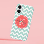 Mint and Coral Chevron Custom Monogram iPhone 16 Case<br><div class="desc">Cute and girly design with a modern preppy zigzag chevron pattern,  personalised with your custom monogram name and initial in a chic circle frame. Click Customise It to change the monogram text fonts and colours to create your own one of a kind design. Adorable and unique gifts!</div>