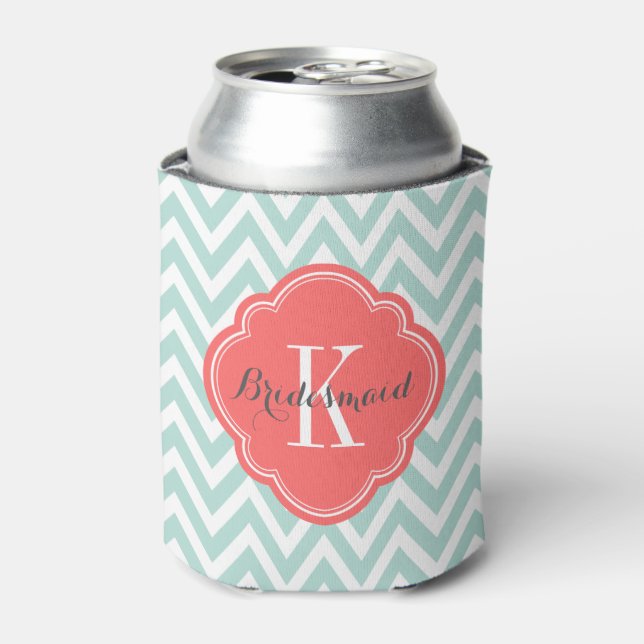 Mint and Coral Chevron Monogram Can Cooler (Can Front)