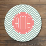 Mint and Coral Chevrons Custom Monogram Round Paper Coaster<br><div class="desc">A bold geometric design in fresh,  cheerful colours. If you need to adjust the monograms,  click on the customise it button and make changes.</div>