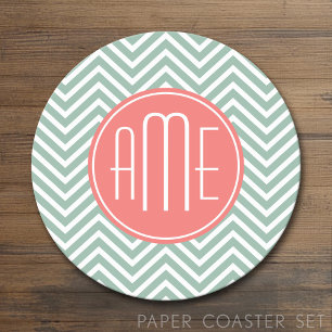 Mint and Coral Chevrons Custom Monogram Round Paper Coaster