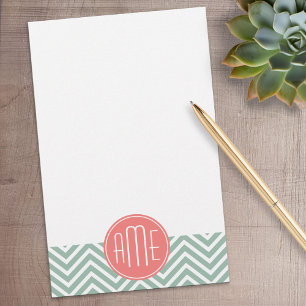 Mint and Coral Chevrons Custom Monogram Stationery