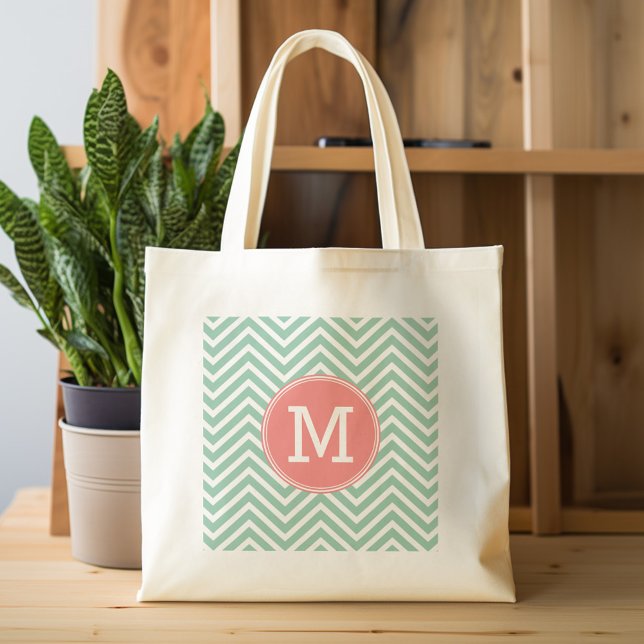 Mint and Coral Chevrons with Custom Monogram Tote Bag (Personalized tote bag with chevrons and monogram)