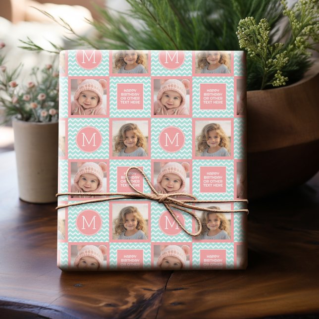 Mint and Coral Chevrons with Custom Monogram Wrapping Paper (Personalized Photo Wrapping Paper)