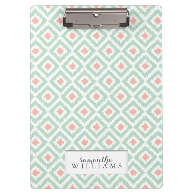 Mint and Coral Diamonds Ikat Pattern Clipboard (Front)