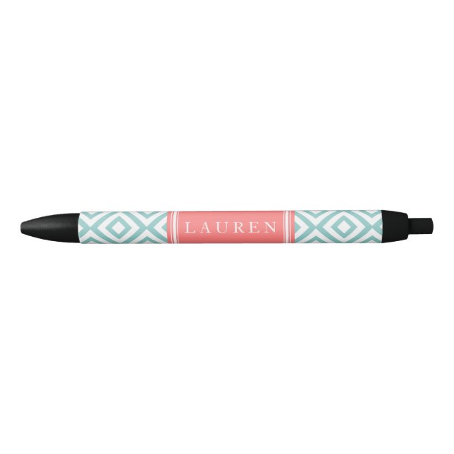 Mint and Coral Diamonds Pattern Black Ink Pen (Front)