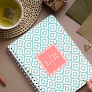 Mint and Coral Diamonds Pattern Monogrammed Notebook