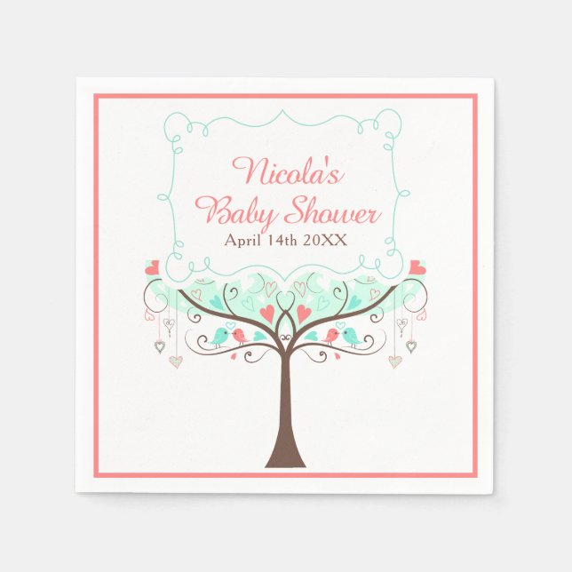 Mint and Coral Floral Bird Baby Shower  Napkin (Front)