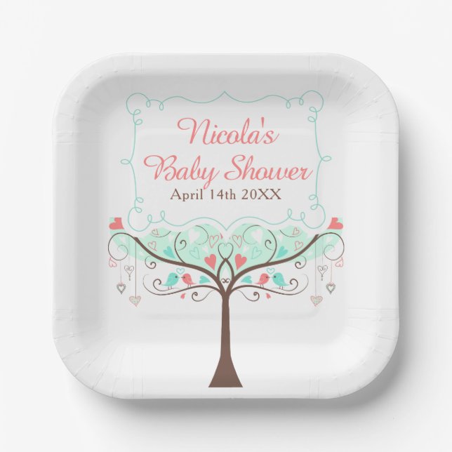 Mint and Coral Floral Bird Baby Shower  Paper Plate (Front)
