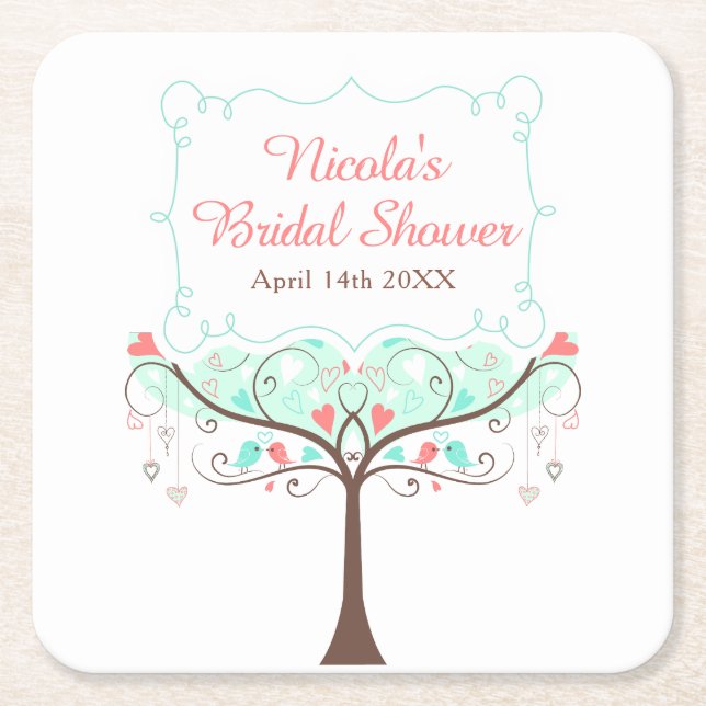 Mint and Coral Floral Bird Bridal Shower  Square Paper Coaster (Front)