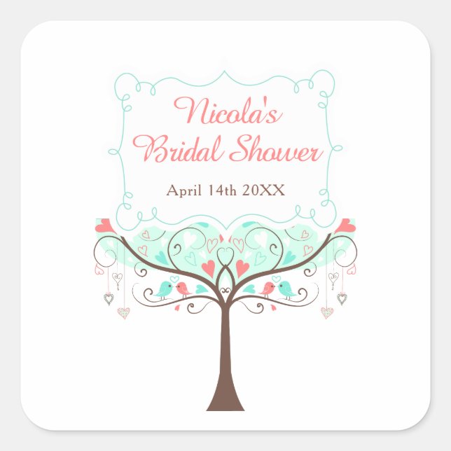 Mint and Coral Floral Bird Bridal Shower  Square Sticker (Front)