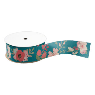 Mint and Coral Floral Grosgrain Ribbon