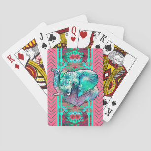 Mint and Coral Floral Tribal Boho Elephant Playing Cards