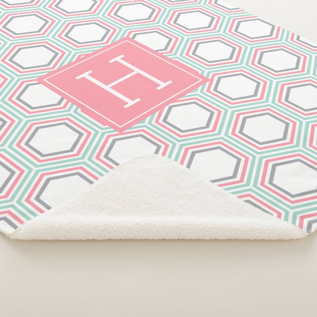 Mint and Coral Geometric Pattern Monogrammed Sherpa Blanket (3/4)