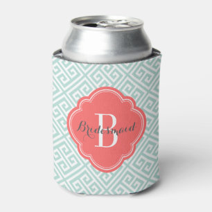 Mint and Coral Greek Key Monogram Can Cooler