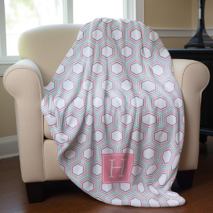 Mint and Coral Honeycomb Pattern Monogrammed Fleece Blanket