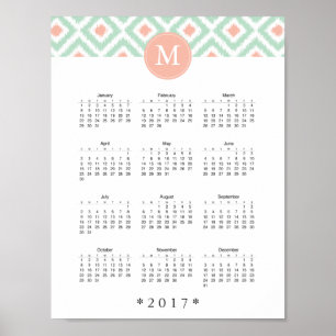 Mint and Coral Ikat Pattern 2017 Calendar Poster