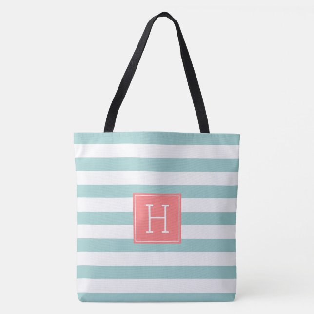 Mint and Coral Monogram Tote Bag (Front)