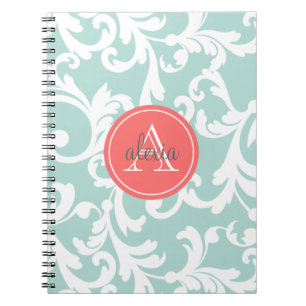 Mint and Coral Monogrammed Damask Print Spiral Notebook