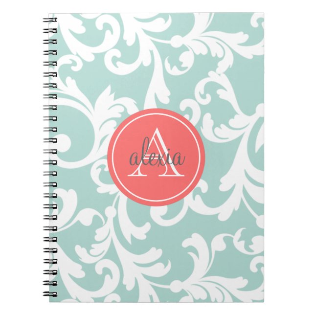 Mint and Coral Monogrammed Damask Print Spiral Notebook (Front)