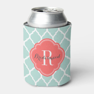 Mint and Coral Moroccan Quatrefoil Monogram Can Cooler
