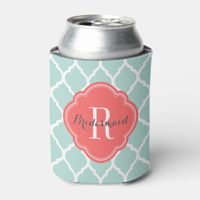 Mint and Coral Moroccan Quatrefoil Monogram Can Cooler (Can Front)
