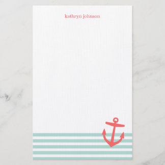 Mint and Coral Nautical Stripes Cute Anchor Stationery