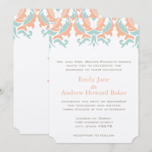 Mint and Coral Peach Damask Wedding Invitation