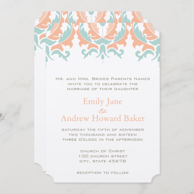 Mint and Coral Peach Damask Wedding Invitation (Front/Back)