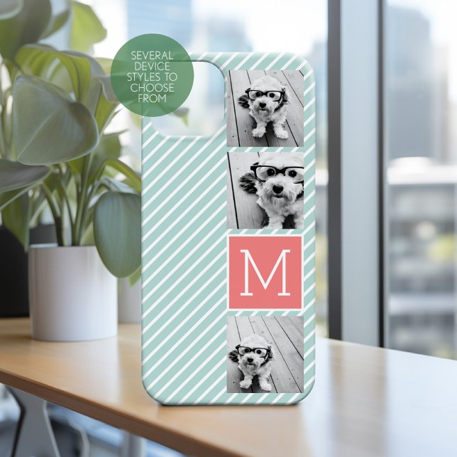 Mint and Coral Photo Collage Custom Monogram (Personalized Phone Case with Custom Photos and Text - Pick Your Device Style)