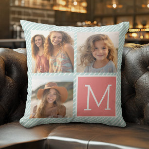 Mint and Coral Photo Collage Custom Monogram Cushion