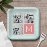 Mint and Coral Photo Collage Custom Monogram Paper Plate<br><div class="desc">Use 3 square photos to create a unique and personal gift. Or you can keep the hipster puppy and make a trendy keepsake. If you need to adjust the pictures,  click on the customise tool to make changes.</div>