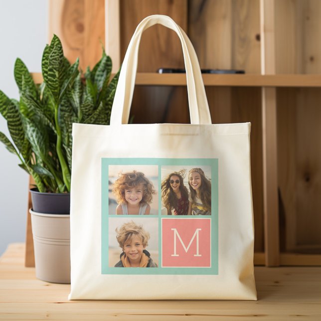 Mint and Coral Photo Collage Custom Monogram Tote Bag (Personalized tote bag with photos and custom text)