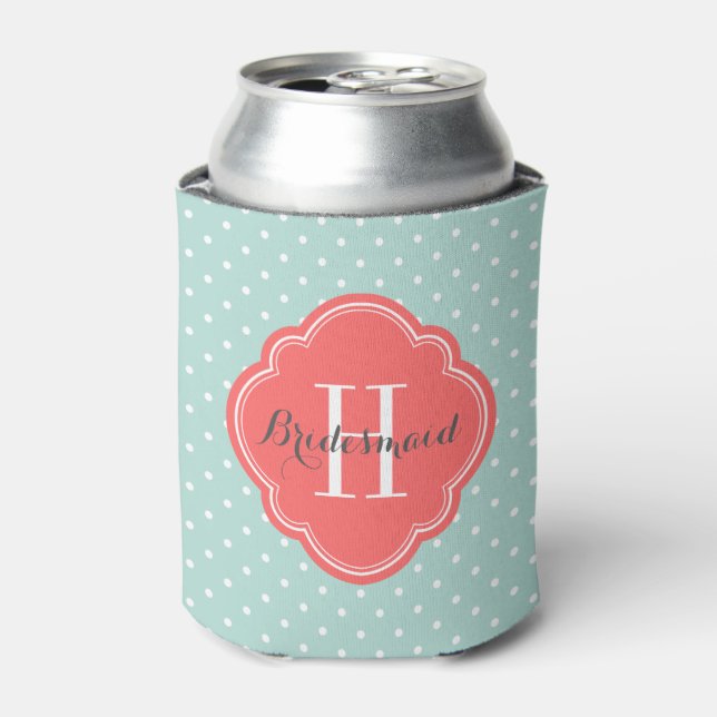 Mint and Coral Polka Dots Monogram Can Cooler (Can Front)
