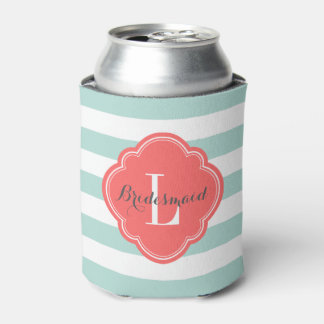 Mint and Coral Preppy Stripes Monogram Can Cooler
