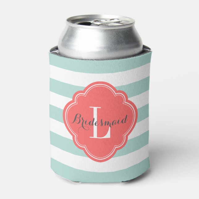 Mint and Coral Preppy Stripes Monogram Can Cooler (Can Front)