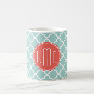 Mint and Coral Quatrefoil with Custom Monogram Coffee Mug