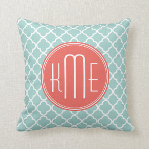 Mint and Coral Quatrefoil with Custom Monogram Cushion