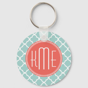 Mint and Coral Quatrefoil with Custom Monogram Key Ring