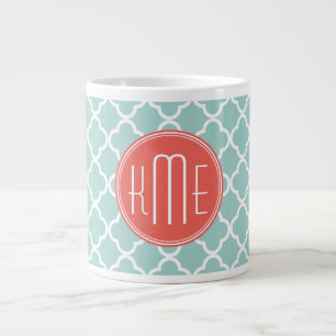Mint and Coral Quatrefoil with Custom Monogram Large Coffee Mug