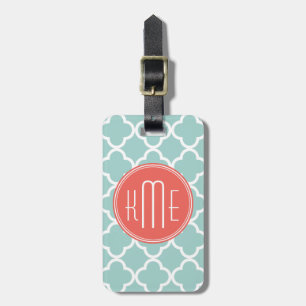 Mint and Coral Quatrefoil with Custom Monogram Luggage Tag
