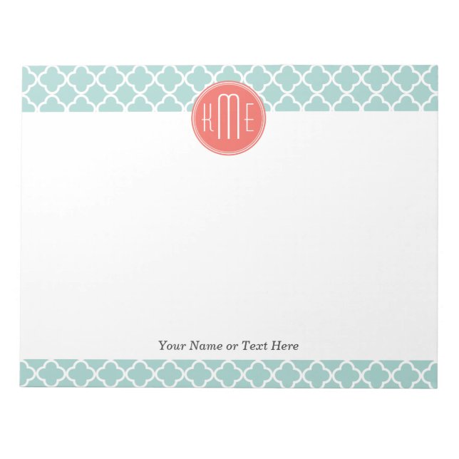 Mint and Coral Quatrefoil with Custom Monogram Notepad (Front)