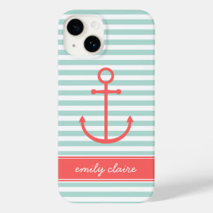 Mint and Coral Stripes Anchor Monogram Case-Mate iPhone 14 Case