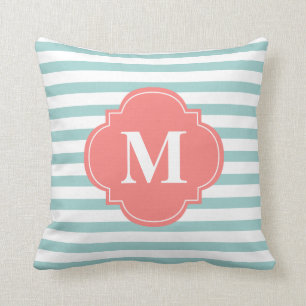 Mint and Coral Stripes Monogram Cushion