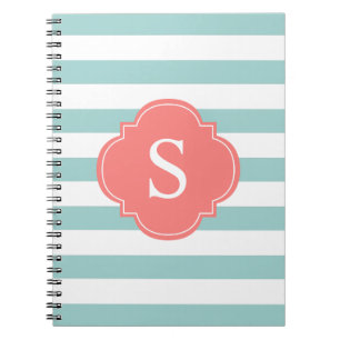 Mint and Coral Stripes Monogram Spiral Notebook
