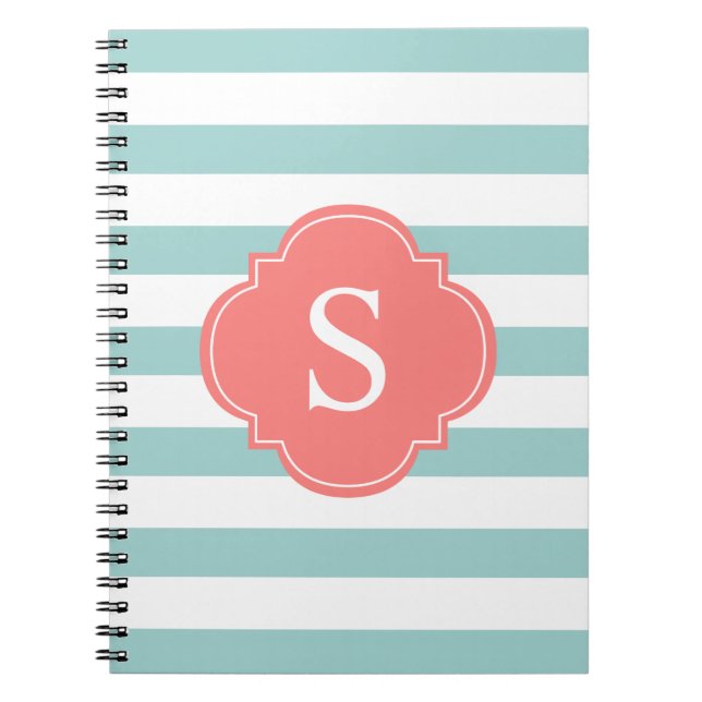 Mint and Coral Stripes Monogram Spiral Notebook (Front)