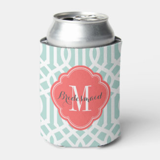 Mint and Coral Trellis Monogram Can Cooler