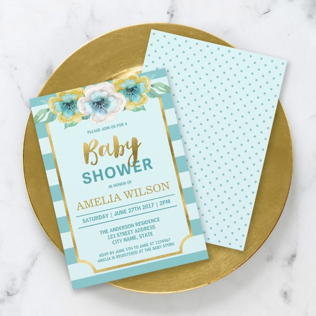Mint and Faux Gold Floral Baby Shower Invitation (Creator Uploaded)
