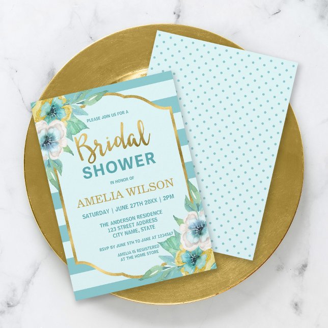Mint and Faux Gold Floral Bridal Shower Invitation (Creator Uploaded)