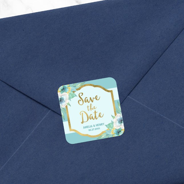 Mint and Faux Gold Floral Save the Date Square Sticker (Creator Uploaded)